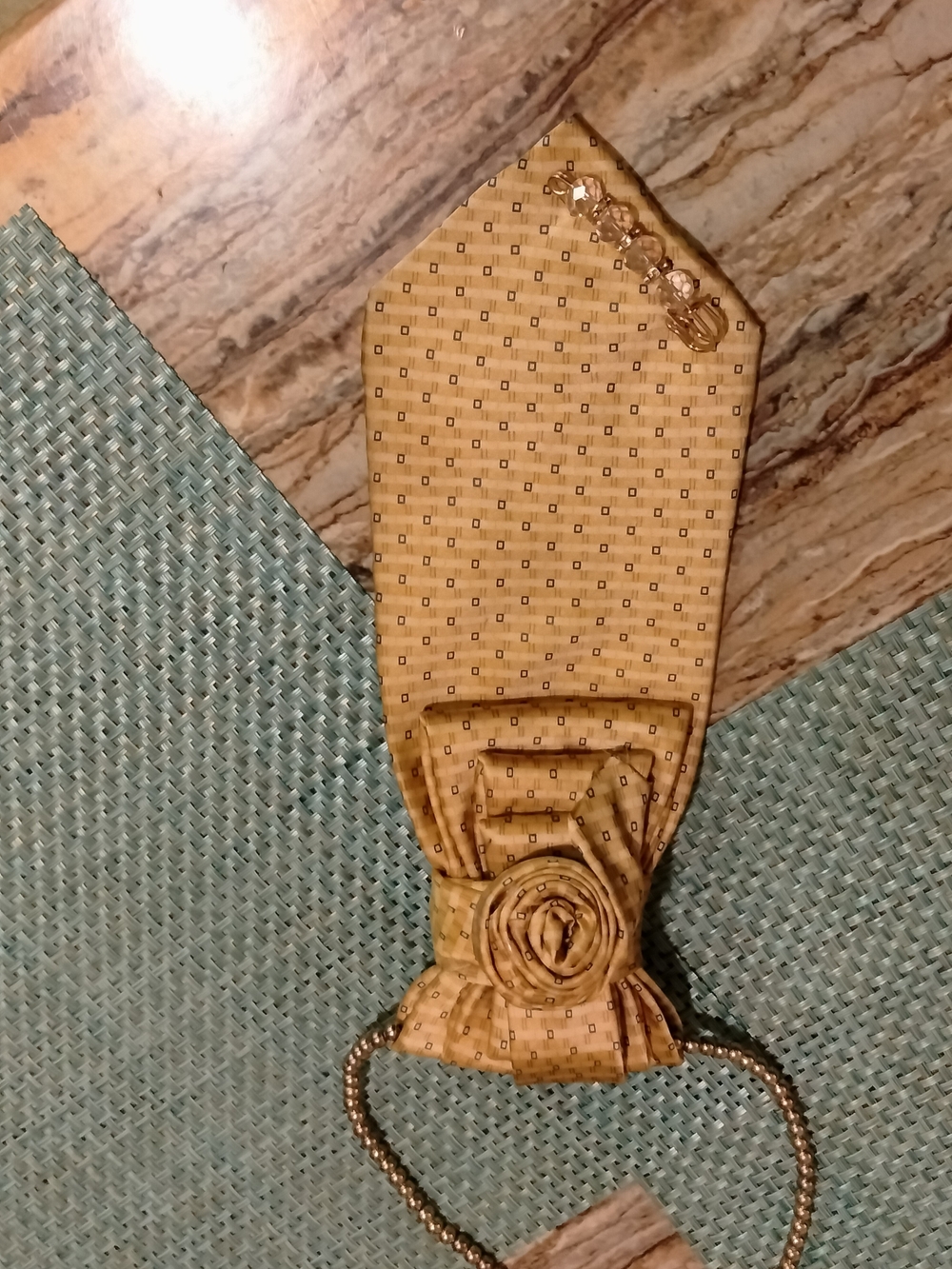 Gold Beaded Tie With Centered Rose with Beaded Accent